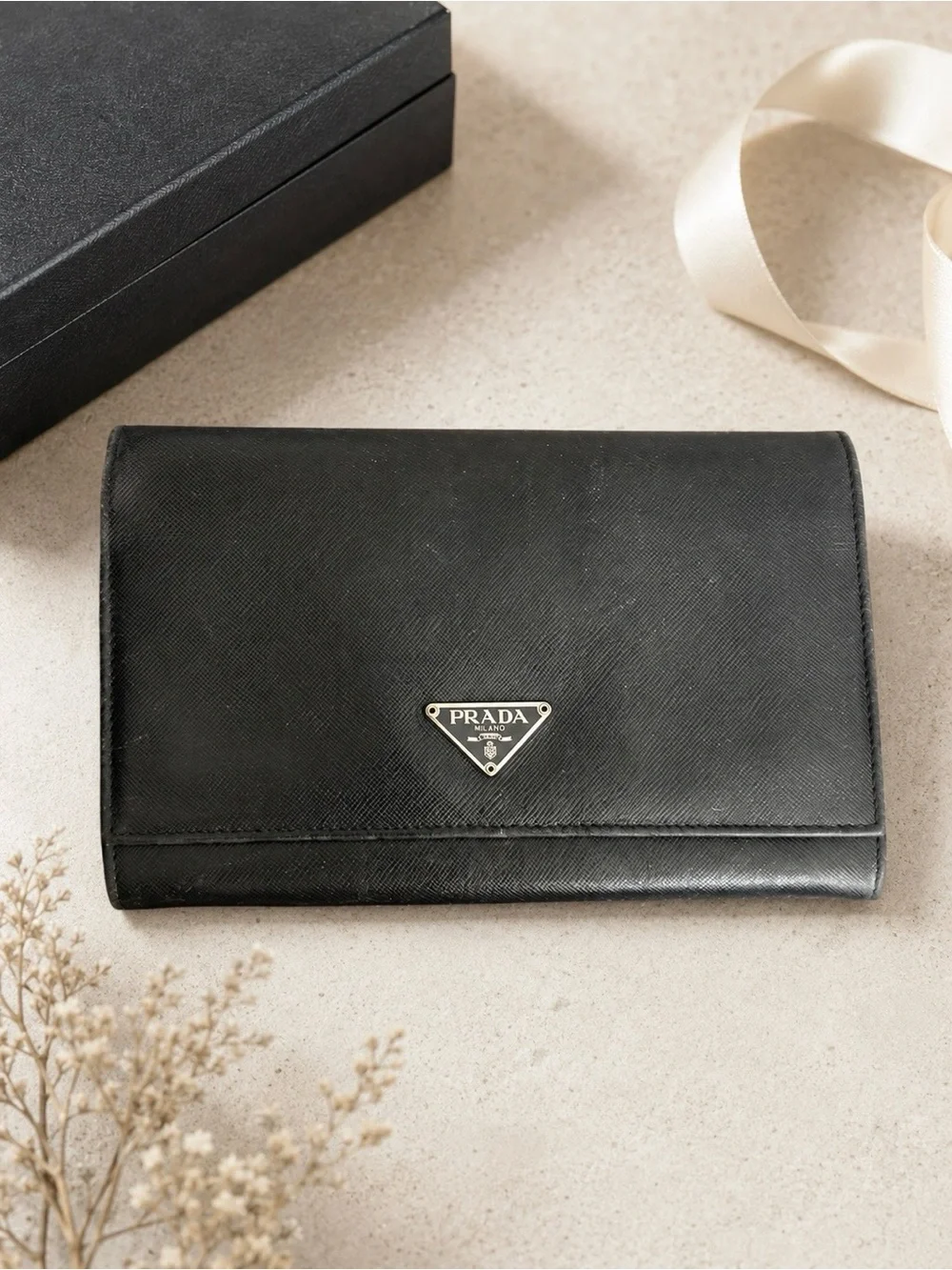 Authenticated Prada Black Saffiano Leather Continental Long Wallet 7”